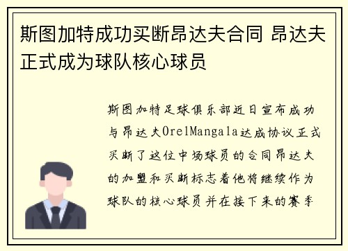 斯图加特成功买断昂达夫合同 昂达夫正式成为球队核心球员