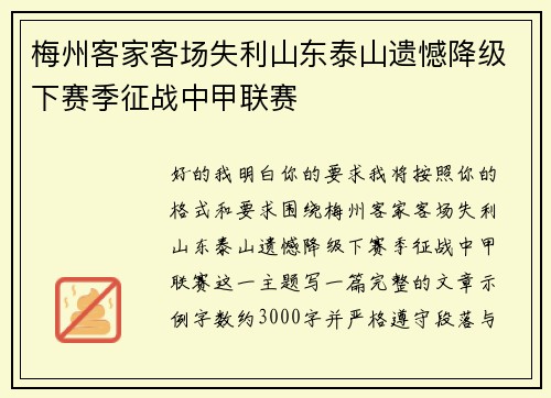 梅州客家客场失利山东泰山遗憾降级下赛季征战中甲联赛