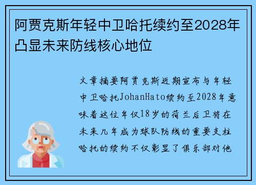 阿贾克斯年轻中卫哈托续约至2028年凸显未来防线核心地位
